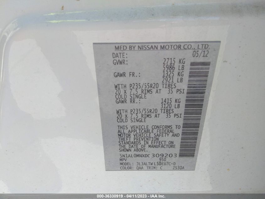 2013 INFINITI JX - 5N1AL0MNXDC309203