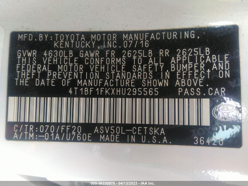2017 TOYOTA CAMRY XLE/SE/LE/XSE - 4T1BF1FKXHU295565