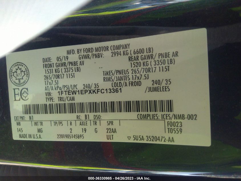 2019 FORD F-150 XL/XLT/LARIAT - 1FTEW1EPXKFC13361