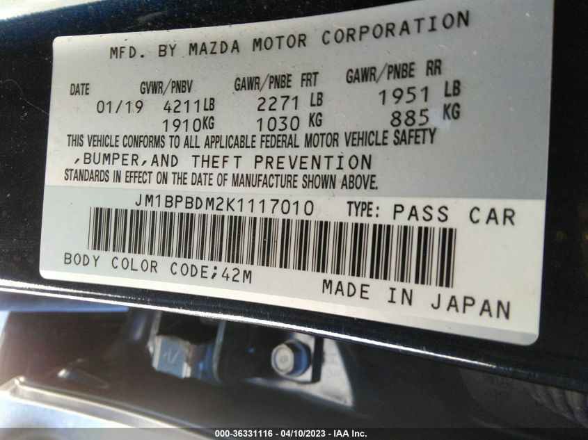 2019 MAZDA MAZDA3 SEDAN W/PREFERRED PKG JM1BPBDM2K1117010