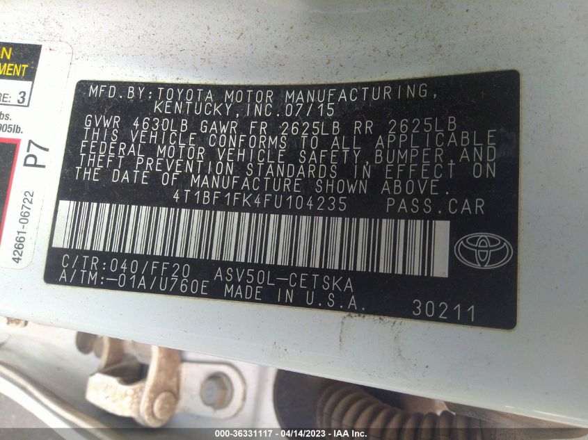 2015 TOYOTA CAMRY SE - 4T1BF1FK4FU104235