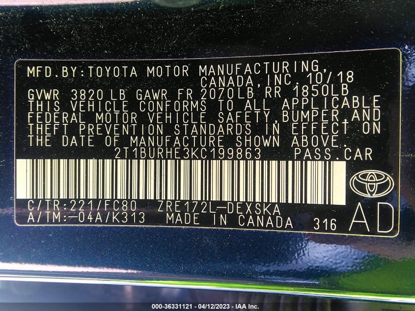 2019 TOYOTA COROLLA L/LE/SE/XLE/XSE - 2T1BURHE3KC199863
