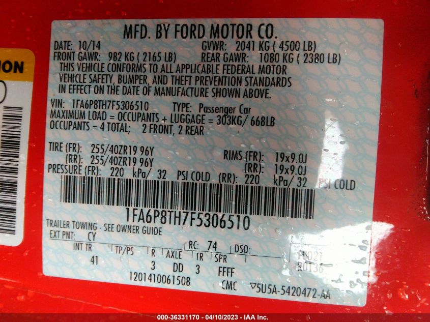 2015 FORD MUSTANG ECOBOOST - 1FA6P8TH7F5306510