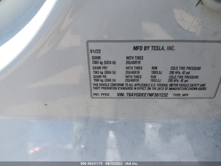 2022 TESLA MODEL Y LONG RANGE - 7SAYGDEE7NF361232