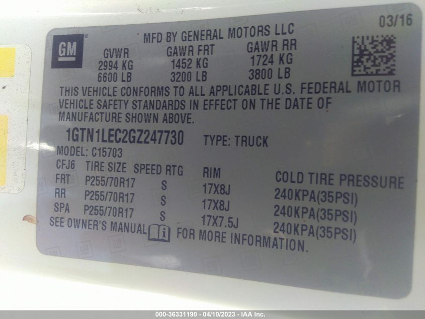 2016 GMC SIERRA 1500 - 1GTN1LEC2GZ247730