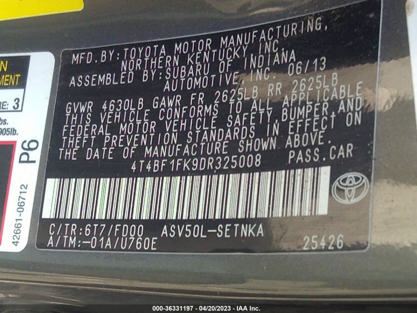 2013 TOYOTA CAMRY L/LE/SE/XLE - 4T4BF1FK9DR325008