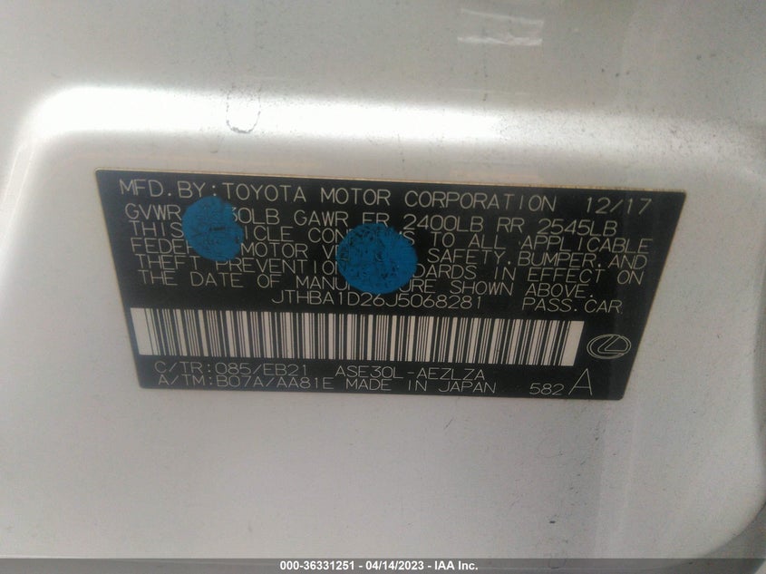VIN JTHBA1D26J5068281 2018 LEXUS IS IS 300