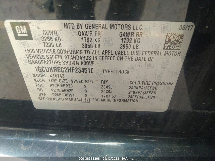 2017 CHEVROLET SILVERADO 1500 LT 1GCUKREC2HF234510