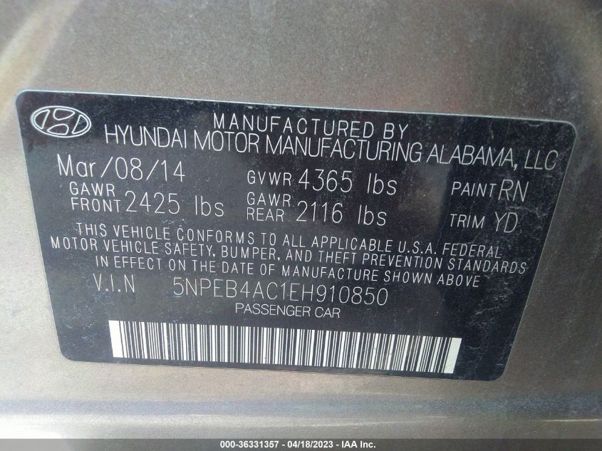 2014 HYUNDAI SONATA GLS - 5NPEB4AC1EH910850