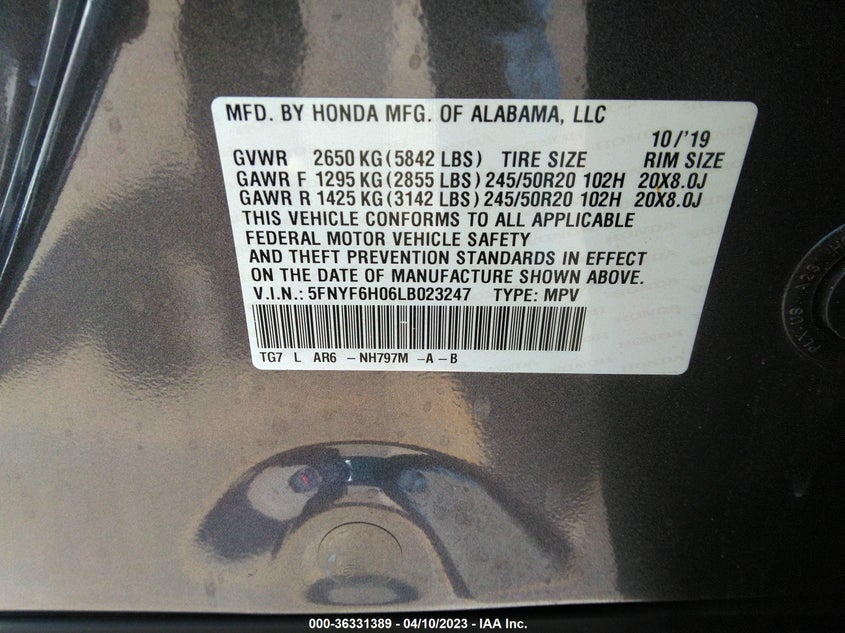 VIN 5FNYF6H06LB023247 2020 HONDA PILOT ELITE