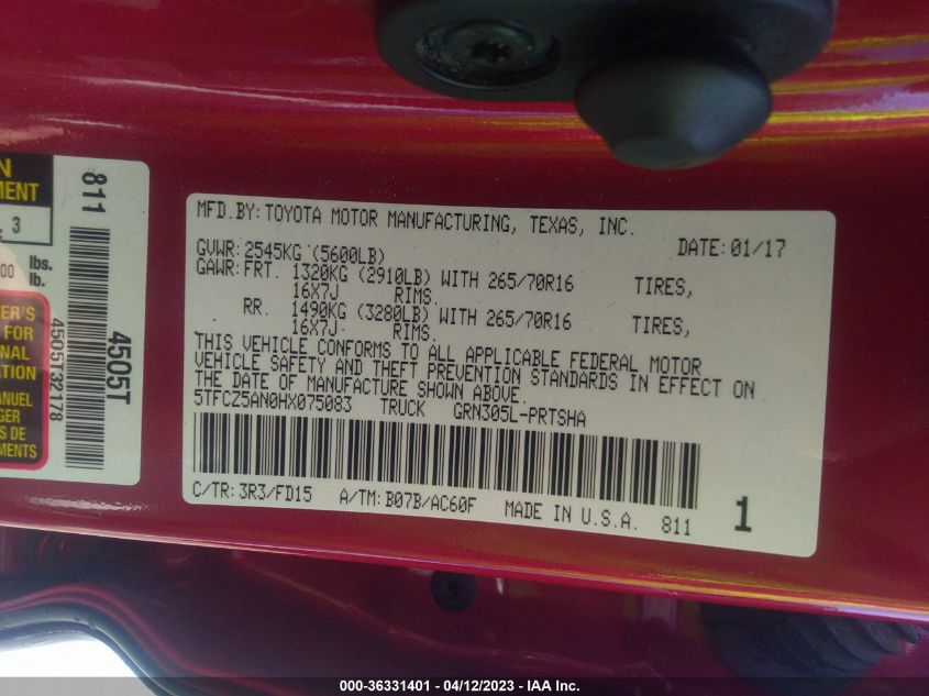 2017 TOYOTA TACOMA SR5/TRD SPORT - 5TFCZ5AN0HX075083