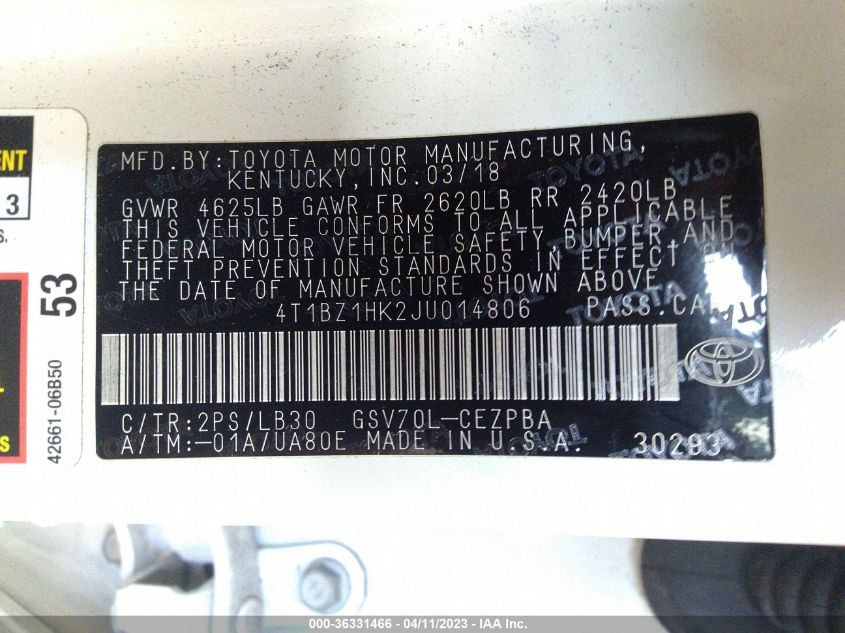 2018 TOYOTA CAMRY V6 - 4T1BZ1HK2JU014806