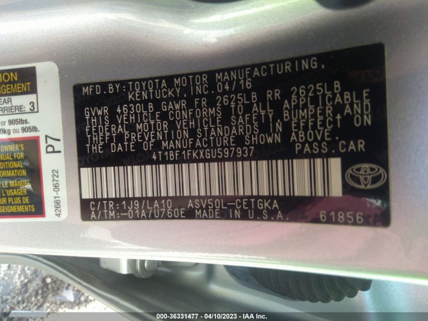 2016 TOYOTA CAMRY XLE - 4T1BF1FKXGU597937
