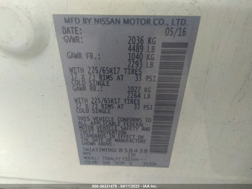 2016 NISSAN ROGUE S - 5N1AT2MT0GC858438