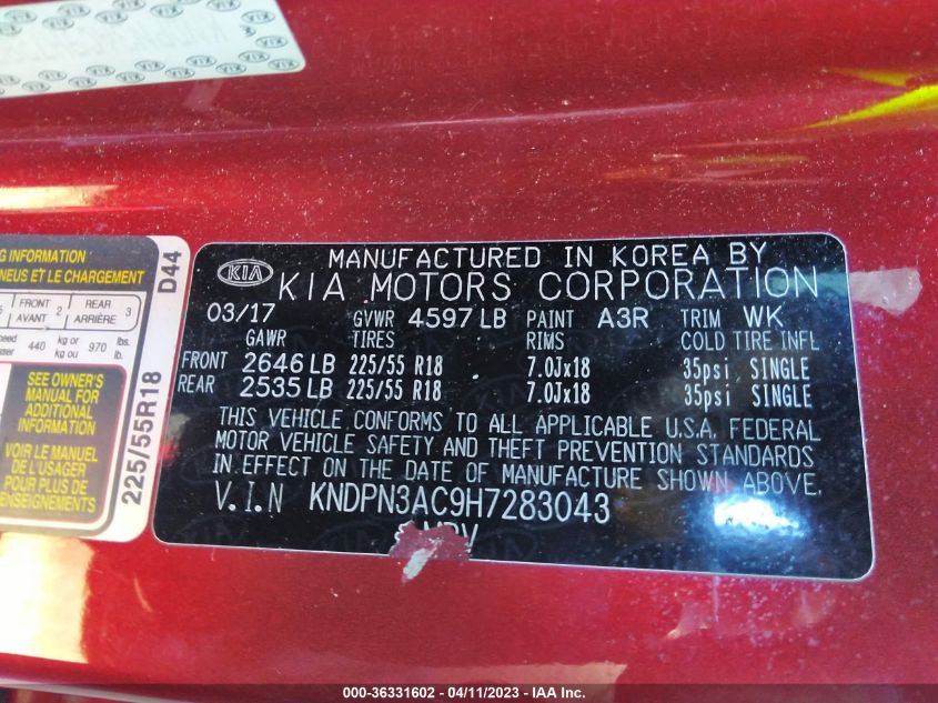 2017 KIA SPORTAGE EX - KNDPN3AC9H7283043