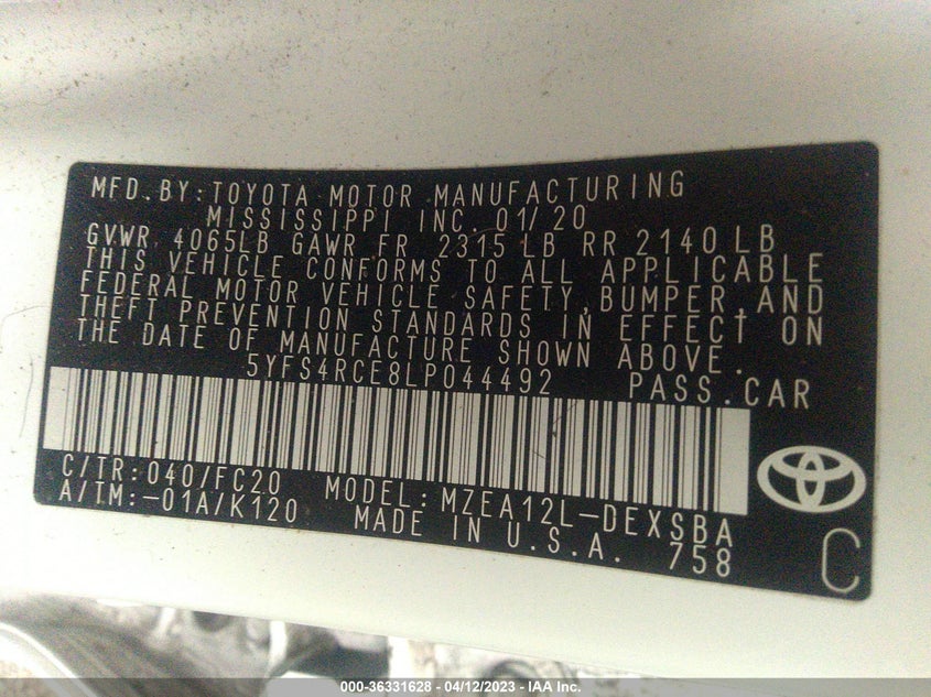VIN 5YFS4RCE8LP044492 2020 TOYOTA COROLLA SE/NIGHTSHADE