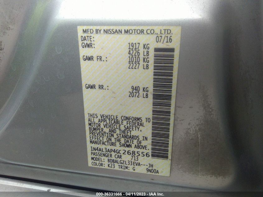 2016 NISSAN ALTIMA 2.5 S - 1N4AL3AP4GC268556