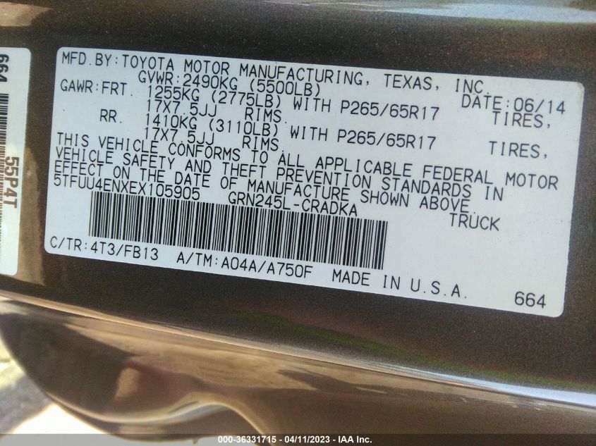 2014 TOYOTA TACOMA - 5TFUU4ENXEX105905