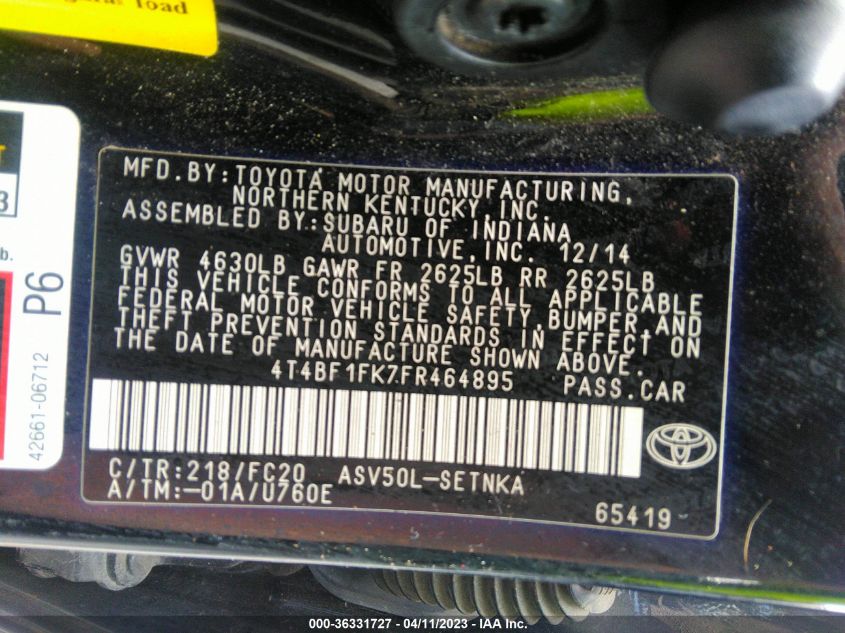 2015 TOYOTA CAMRY XLE/SE/LE/XSE - 4T4BF1FK7FR464895