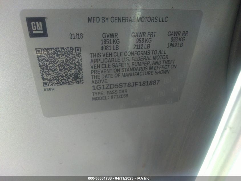 2018 CHEVROLET MALIBU LT - 1G1ZD5ST8JF181887