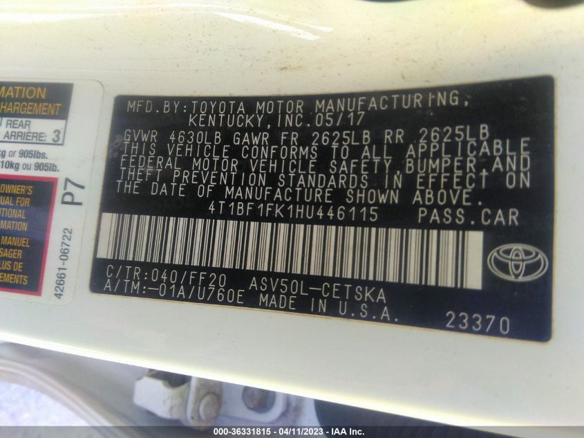 2017 TOYOTA CAMRY XLE/SE/LE/XSE - 4T1BF1FK1HU446115