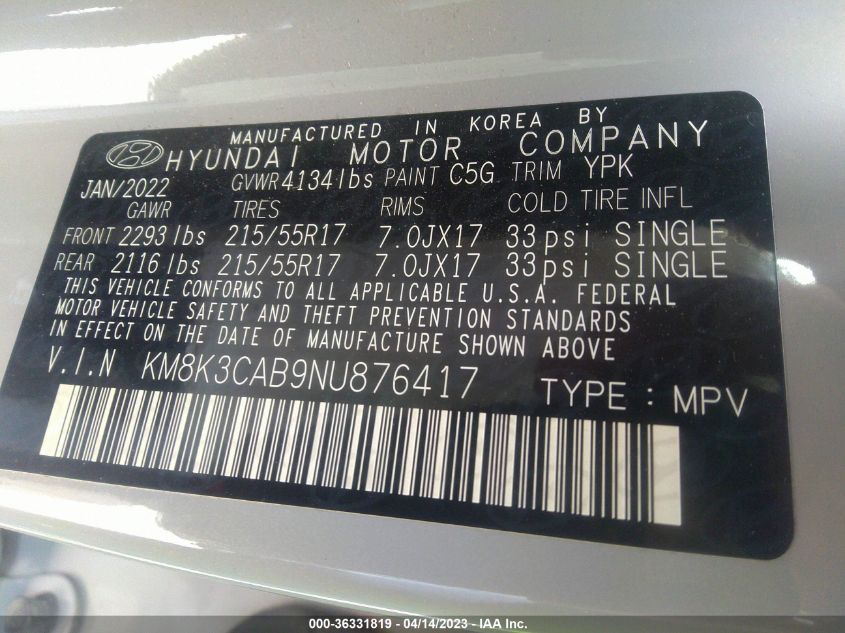 2022 HYUNDAI KONA SEL - KM8K3CAB9NU876417