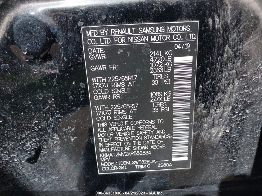 VIN KNMAT2MV2KP552834 2019 NISSAN ROGUE SV