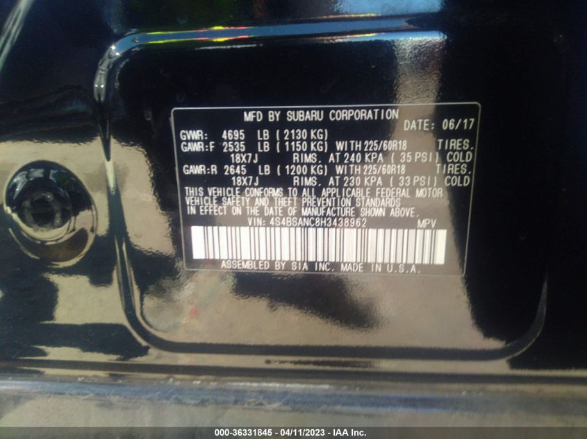 2017 SUBARU OUTBACK LIMITED - 4S4BSANC8H3438962