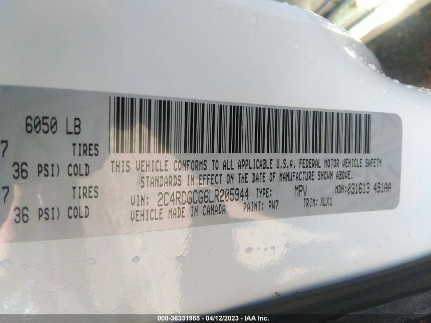 2020 DODGE GRAND CARAVAN SXT - 2C4RDGCG6LR205944