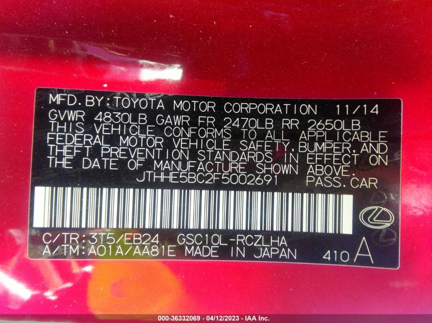 2015 LEXUS RC 350 - JTHHE5BC2F5002691