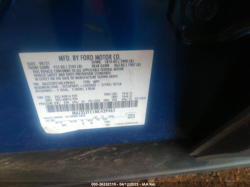 VIN MAJ3S2FE1MC439465 2021 FORD ECOSPORT S