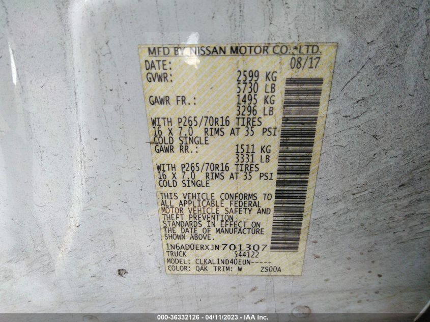 2018 NISSAN FRONTIER S - 1N6AD0ERXJN701307