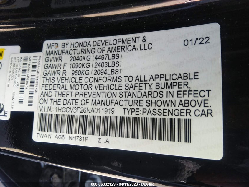 VIN 1HGCV3F26NA011919 2022 HONDA ACCORD HYBRID SPORT