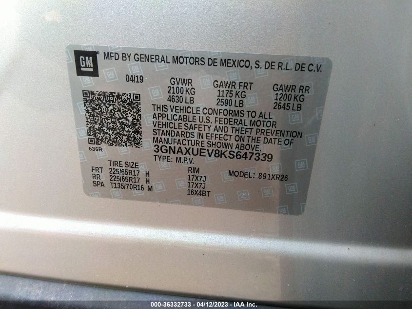 2019 CHEVROLET EQUINOX LT - 3GNAXUEV8KS647339