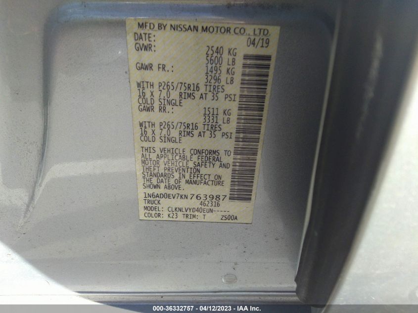 2019 NISSAN FRONTIER PRO-4X - 1N6AD0EV7KN763987