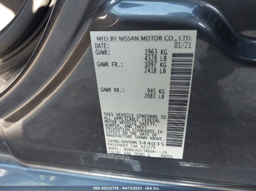 2021 NISSAN ALTIMA 2.5 SV - 1N4BL4DV0MN344035