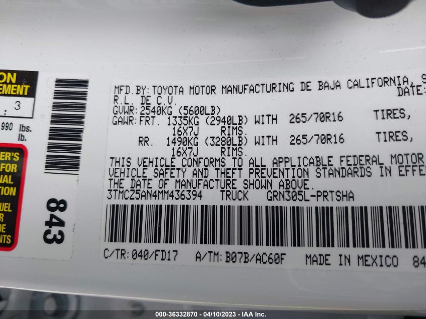 2021 TOYOTA TACOMA 4WD SR/SR5/TRD SPORT - 3TMCZ5AN4MM436394