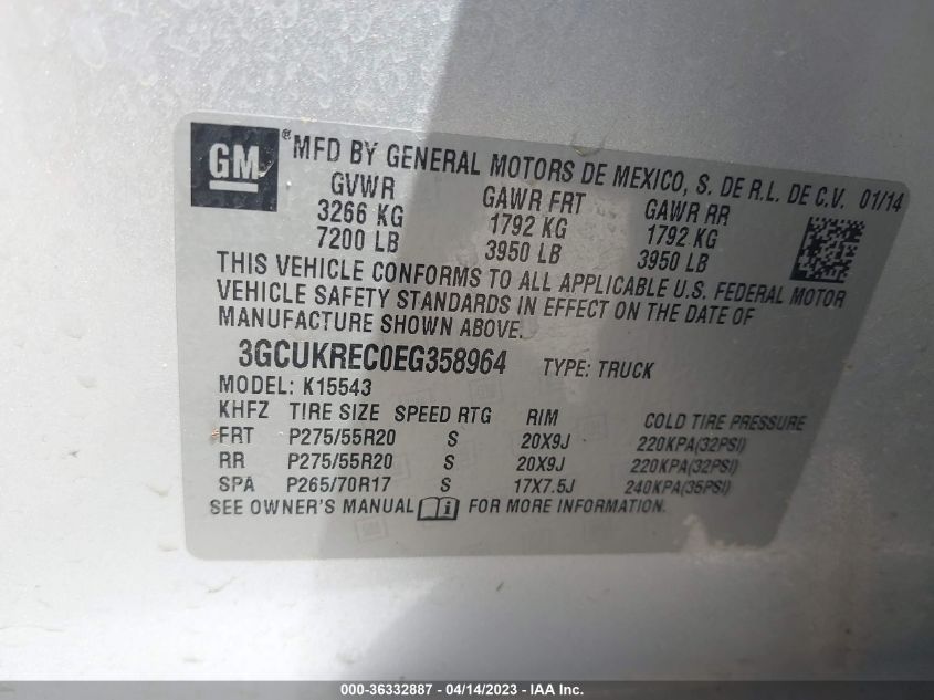 2014 CHEVROLET SILVERADO 1500 LT - 3GCUKREC0EG358964