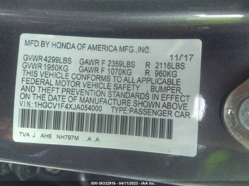 2018 HONDA ACCORD SEDAN EX 1.5T - 1HGCV1F4XJA054000