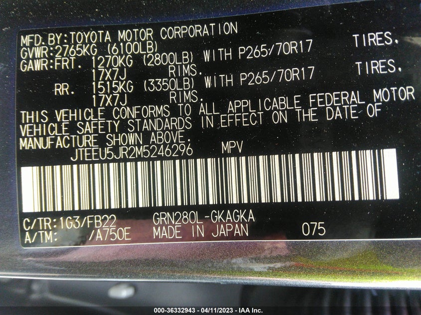 VIN JTEEU5JR2M5246296 2021 TOYOTA 4RUNNER SR5