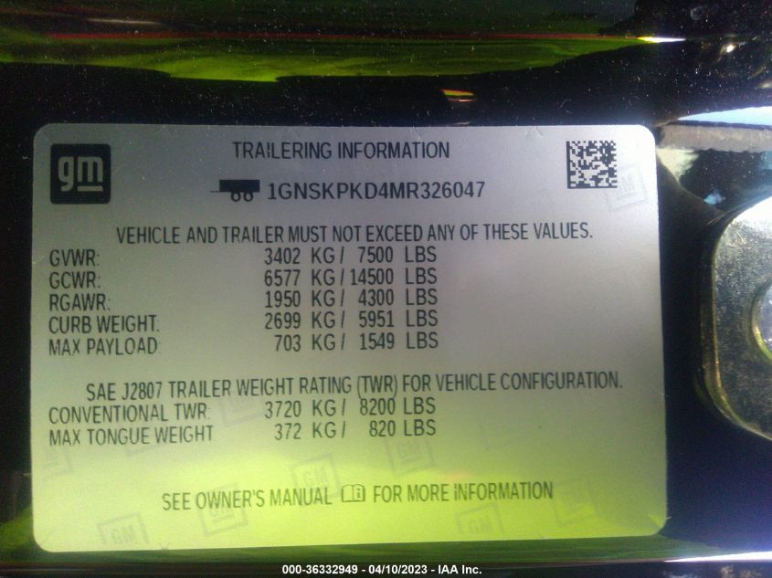 2021 CHEVROLET TAHOE Z71 - 1GNSKPKD4MR326047