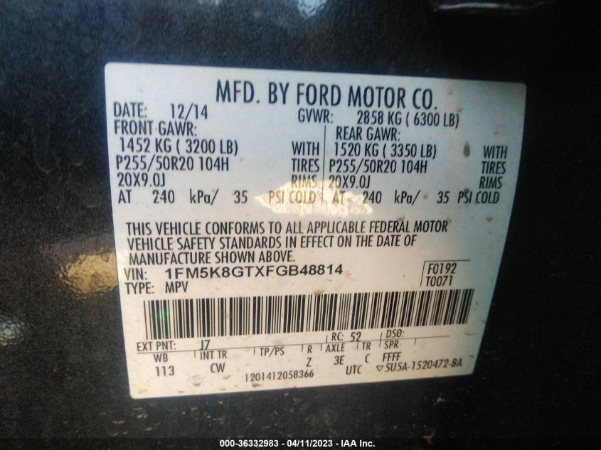 2015 FORD EXPLORER SPORT - 1FM5K8GTXFGB48814
