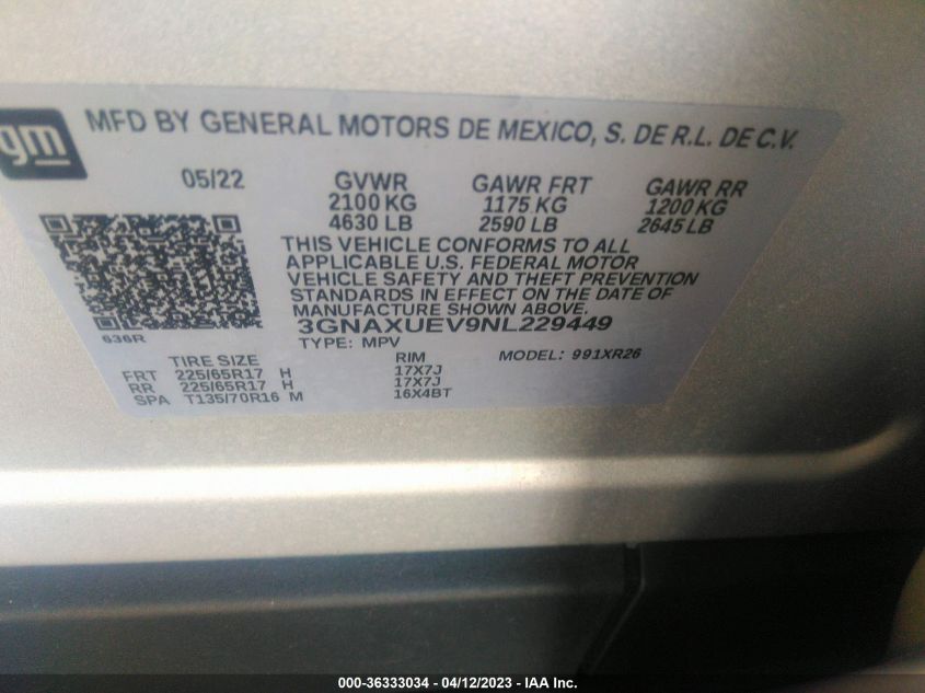 2022 CHEVROLET EQUINOX LT - 3GNAXUEV9NL229449