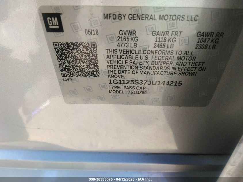 2018 CHEVROLET IMPALA PREMIER - 1G1125S37JU144215