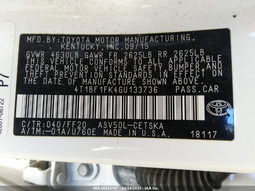 2016 TOYOTA CAMRY SE - 4T1BF1FK4GU133736