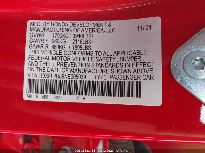 VIN 19XFL2H89NE005039 2022 HONDA CIVIC HATCHBACK SPORT