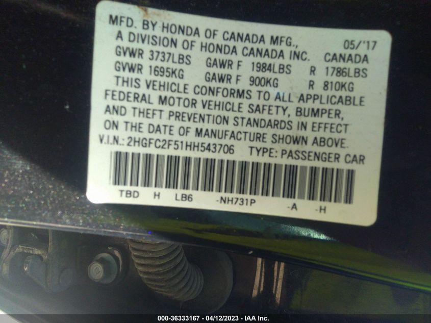 2017 HONDA CIVIC SEDAN LX - 2HGFC2F51HH543706