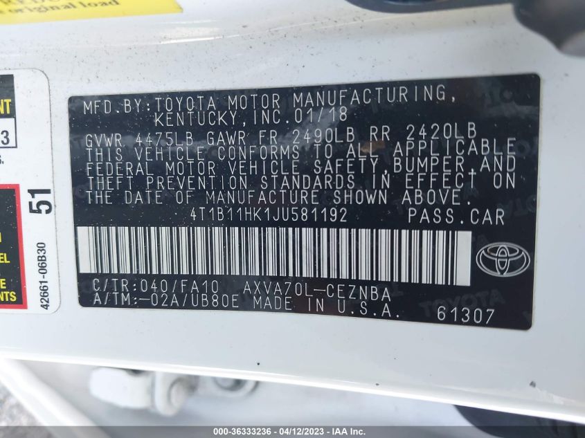 2018 TOYOTA CAMRY LE/SE/XLE/L - 4T1B11HK1JU581192