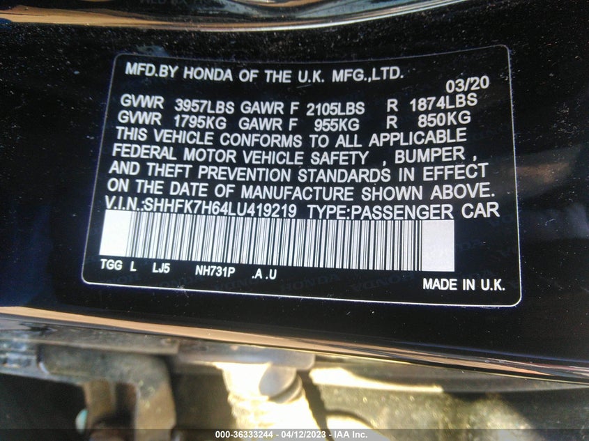 VIN SHHFK7H64LU419219 2020 HONDA CIVIC HATCHBACK EX