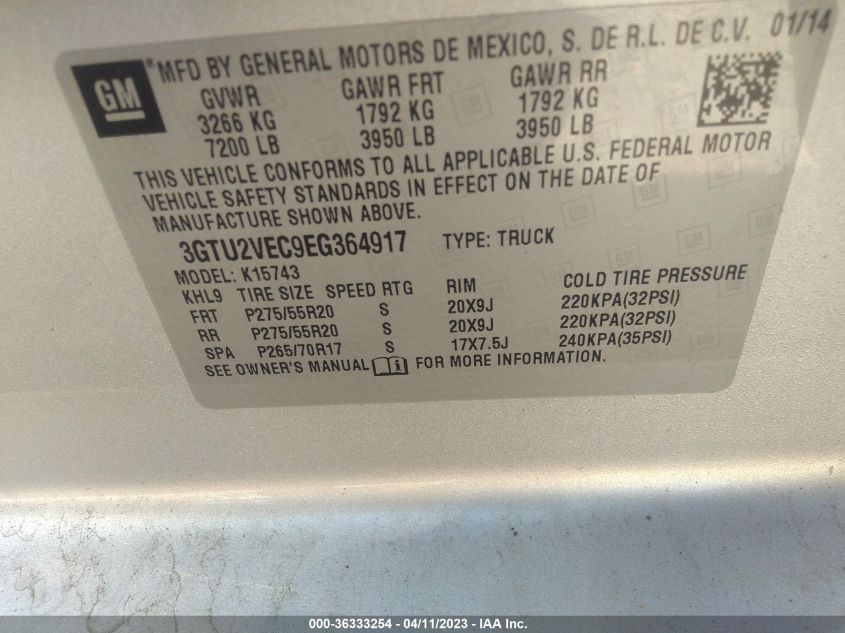 2014 GMC SIERRA 1500 SLT - 3GTU2VEC9EG364917